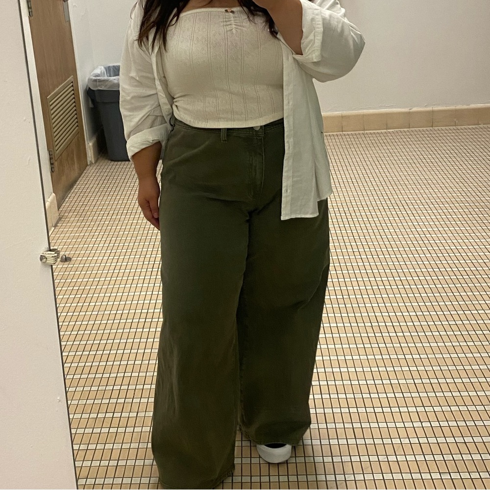 Green pants + tube top combo